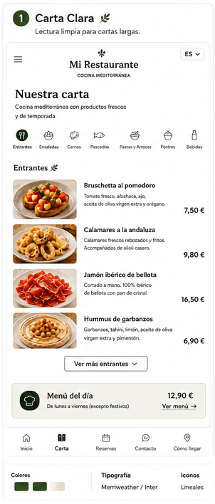 Plantilla de carta digital clara para restaurantes